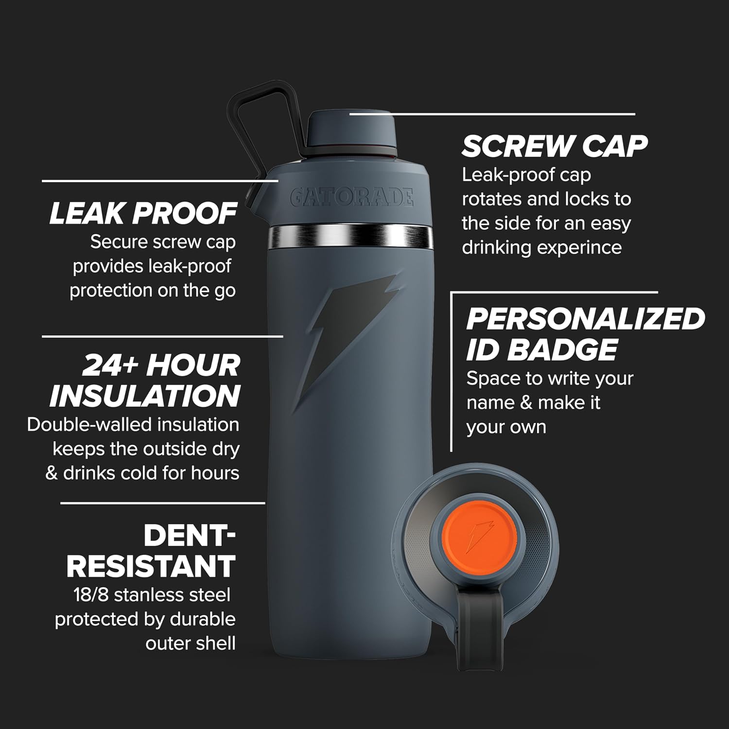 Gatorade Overtime Stainless Steel Water Bottle, Black, 22 oz