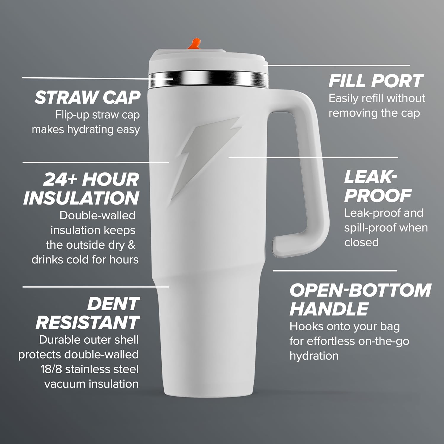 Gatorade Crossover Stainless Steel Tumbler Water Bottle, White, Double-Wall Insulation, 36 fl oz
