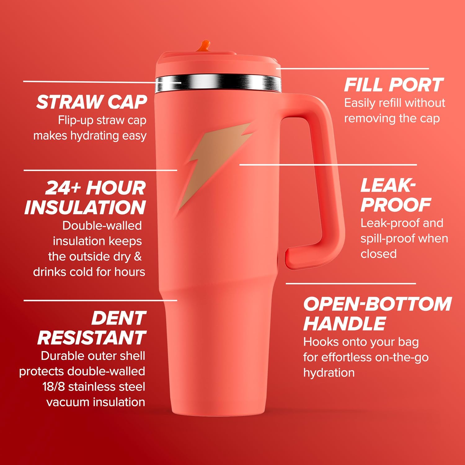 Gatorade Crossover Stainless Steel Tumbler Water Bottle, Coral, Double-Wall Insulation, 36 fl oz