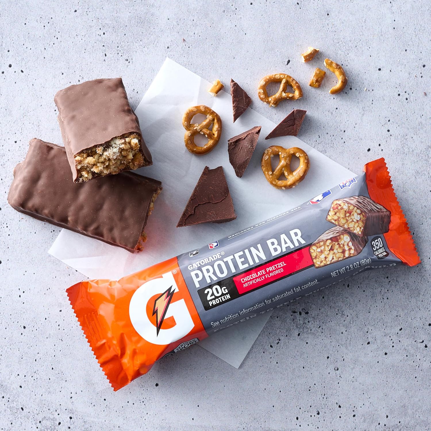 Gatorade Whey Protein Bars, Chocolate Pretzel, 2.8 oz bars (Pack of 12, 20g of protein per bar)