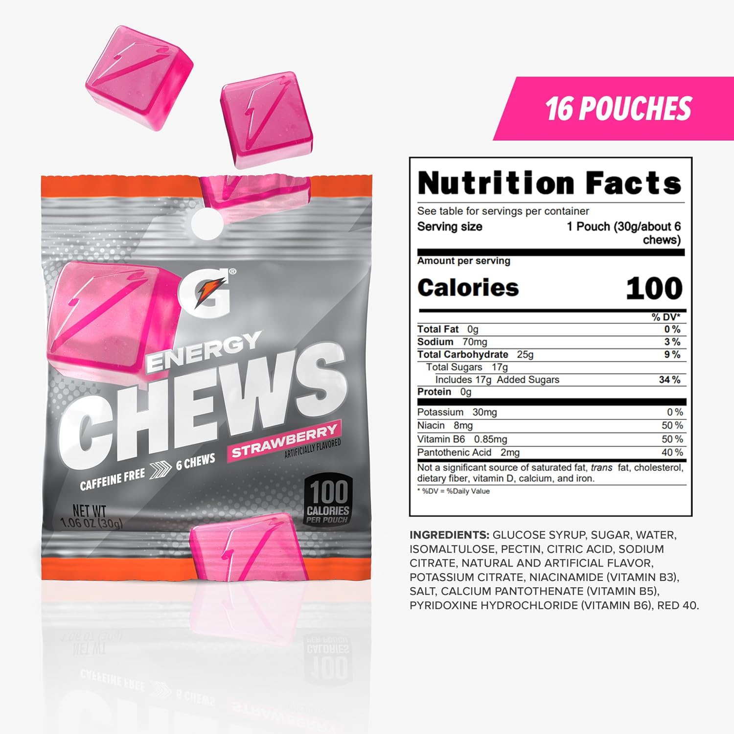 Gatorade Energy Chews, Strawberry, Caffeine Free, B12, 1.06 oz - 100 Calorie Pouches, (16 Pack)