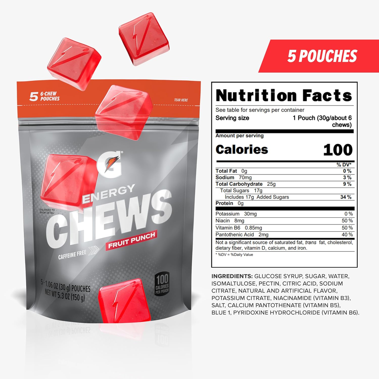 Gatorade Energy Chews, Fruit Punch, Caffeine Free, B12,100 Calorie Pouches, (5 Pack)