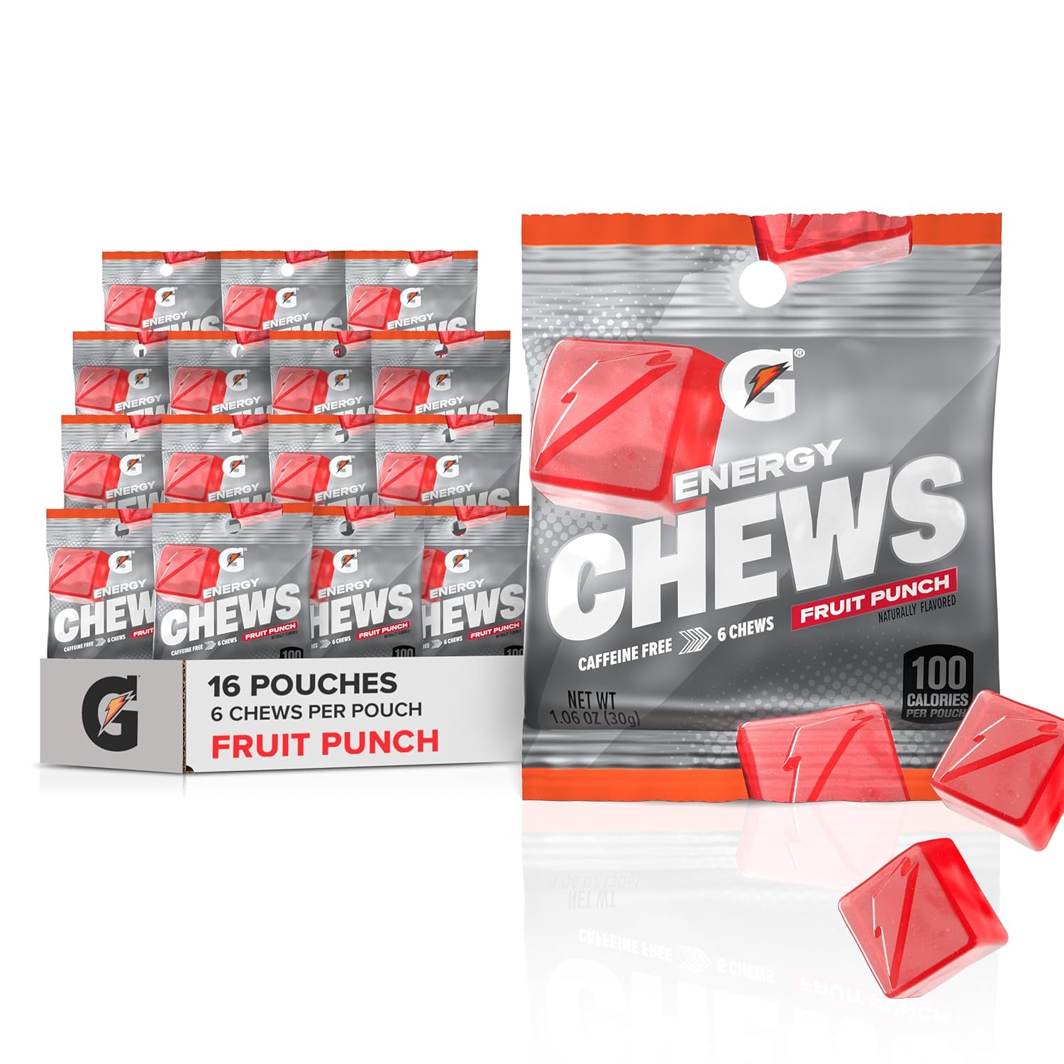 Gatorade Energy Chews, Fruit Punch, Caffeine Free, B12, 1.06 oz - 100 Calorie Pouches, (16 Pack)