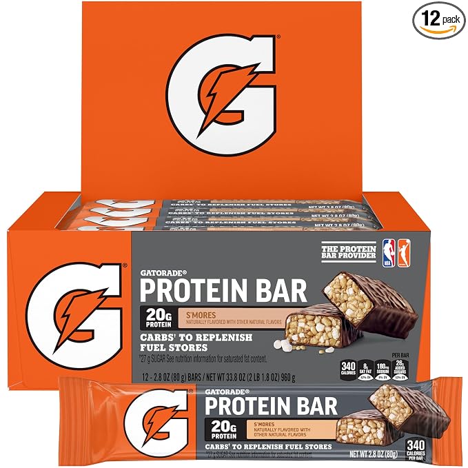 Gatorade Protein Bars, S'mores, 20g Whey Protein, NSF Certified, 2.8 oz Bars, (12 Pack)