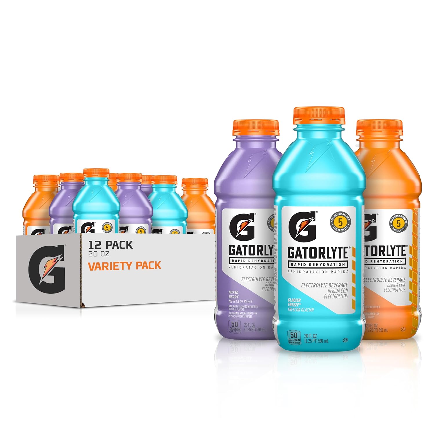 Gatorlyte Rapid Rehydration Electrolyte Drink, 3 Flavor Variety Pack 2.0, 20 fl oz Bottles (12 Pack), Specialized Blend of 5 Electrolytes, Lower Sugar, No Artificial Sweeteners, No Flavors, Gatorade