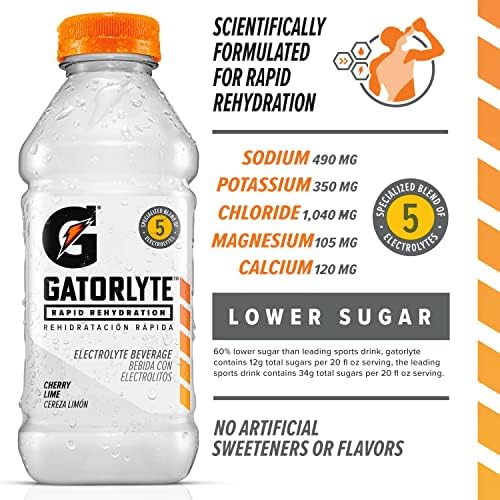 Gatorlyte Rapid Rehydration Electrolyte Drink, Cherry Lime, 20 fl oz Bottles (12 Pack), Specialized Blend of 5 Electrolytes, Lower Sugar, No Artificial Sweeteners, No Artificial Flavors, Gatorade, Hydration