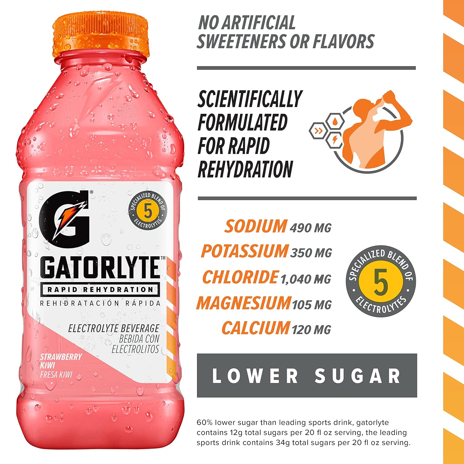 Gatorlyte Rapid Rehydration Electrolyte Drink, Strawberry Kiwi, 20 fl oz Bottles (12 Pack), Specialized Blend of 5 Electrolytes, Lower Sugar, No Artificial Sweeteners, No Flavors, Gatorade, Hydration