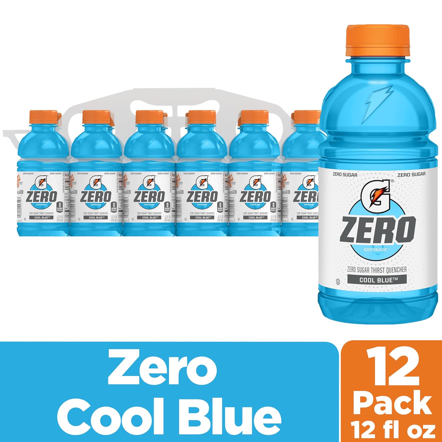 Gatorade Zero Thirst Quencher Sports Drink, Cool Blue, 12oz Bottles (12 Pack), Zero Sugar, Electrolytes for Rehydration