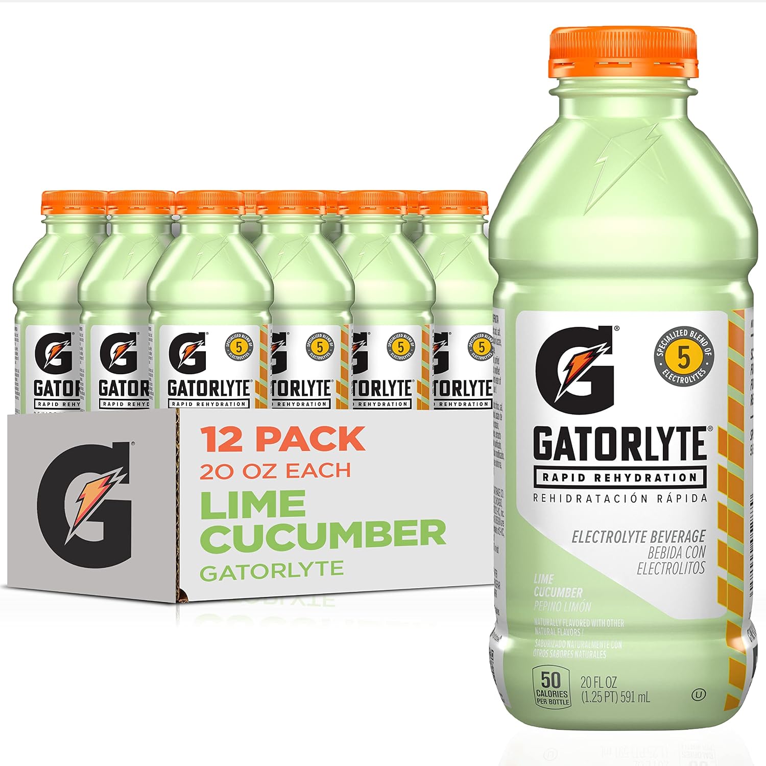 Gatorlyte Rapid Rehydration Electrolyte Drink, Lime Cucumber, 20 fl oz Bottles (12 Pack), Specialized Blend of 5 Electrolytes, Lower Sugar, No Artificial Sweeteners or Flavors, Gatorade, Hydration