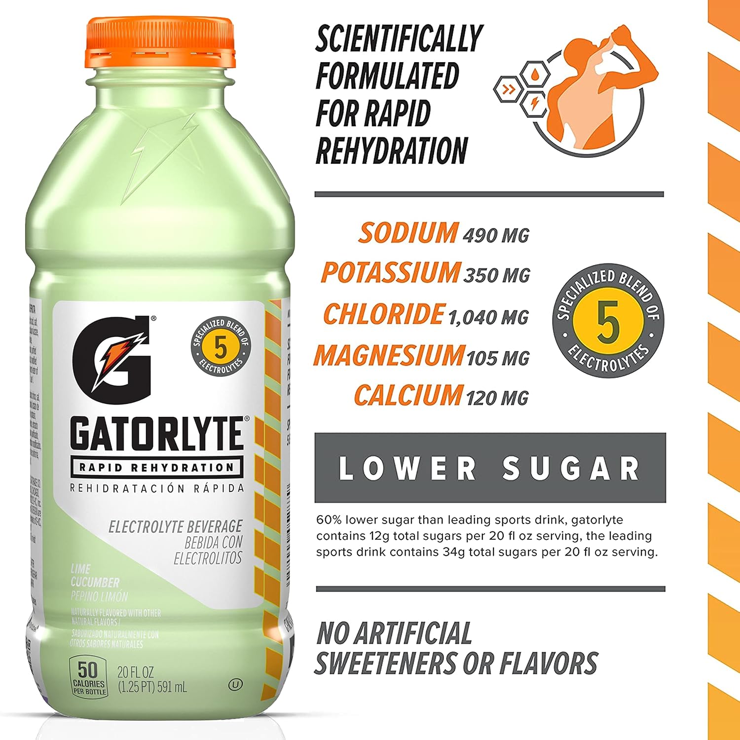 Gatorlyte Rapid Rehydration Electrolyte Drink, Lime Cucumber, 20 fl oz Bottles (12 Pack), Specialized Blend of 5 Electrolytes, Lower Sugar, No Artificial Sweeteners or Flavors, Gatorade, Hydration