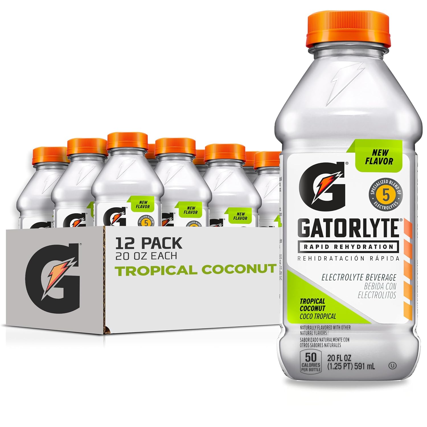 Gatorlyte Rapid Rehydration Electrolyte Drink, Tropical Coconut, 20 fl oz Bottles (12 Pack), Specialized Blend of 5 Electrolytes, Lower Sugar, No Artificial Sweeteners, No Artificial Flavors, Gatorade, Hydration