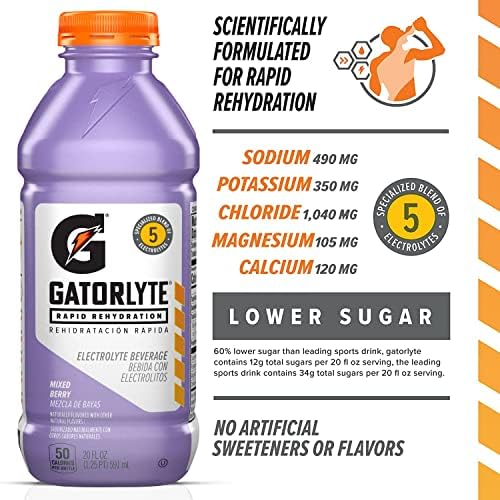 Gatorlyte Rapid Rehydration Electrolyte Drink, Mixed Berry, 20 fl oz Bottles (12 Pack), Specialized Blend of 5 Electrolytes, Lower Sugar, No Artificial Sweeteners, No Artificial Flavors, Gatorade, Hydration