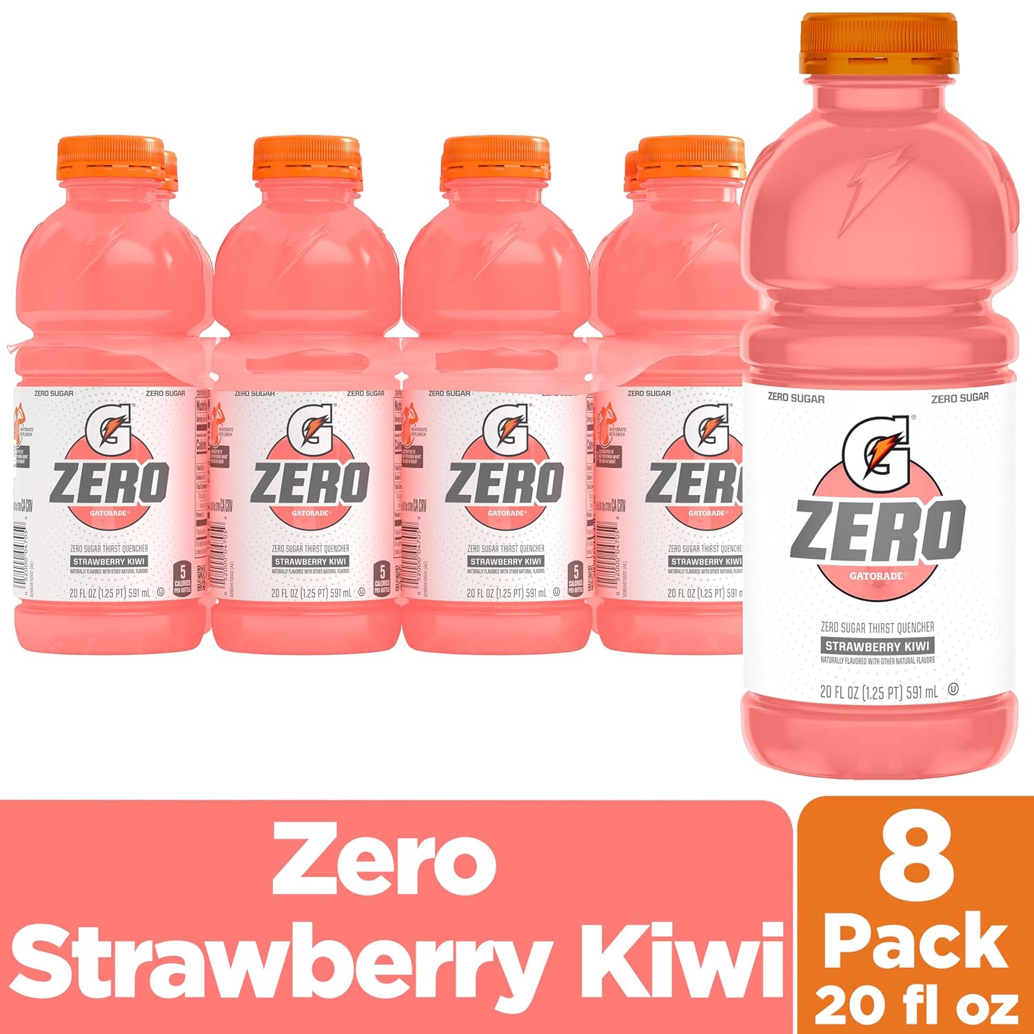 Gatorade Thirst Quencher Zero Sugar Sports Drink, Strawberry Kiwi, 20oz Bottles, 8 Pack, Electrolytes for Rehydration