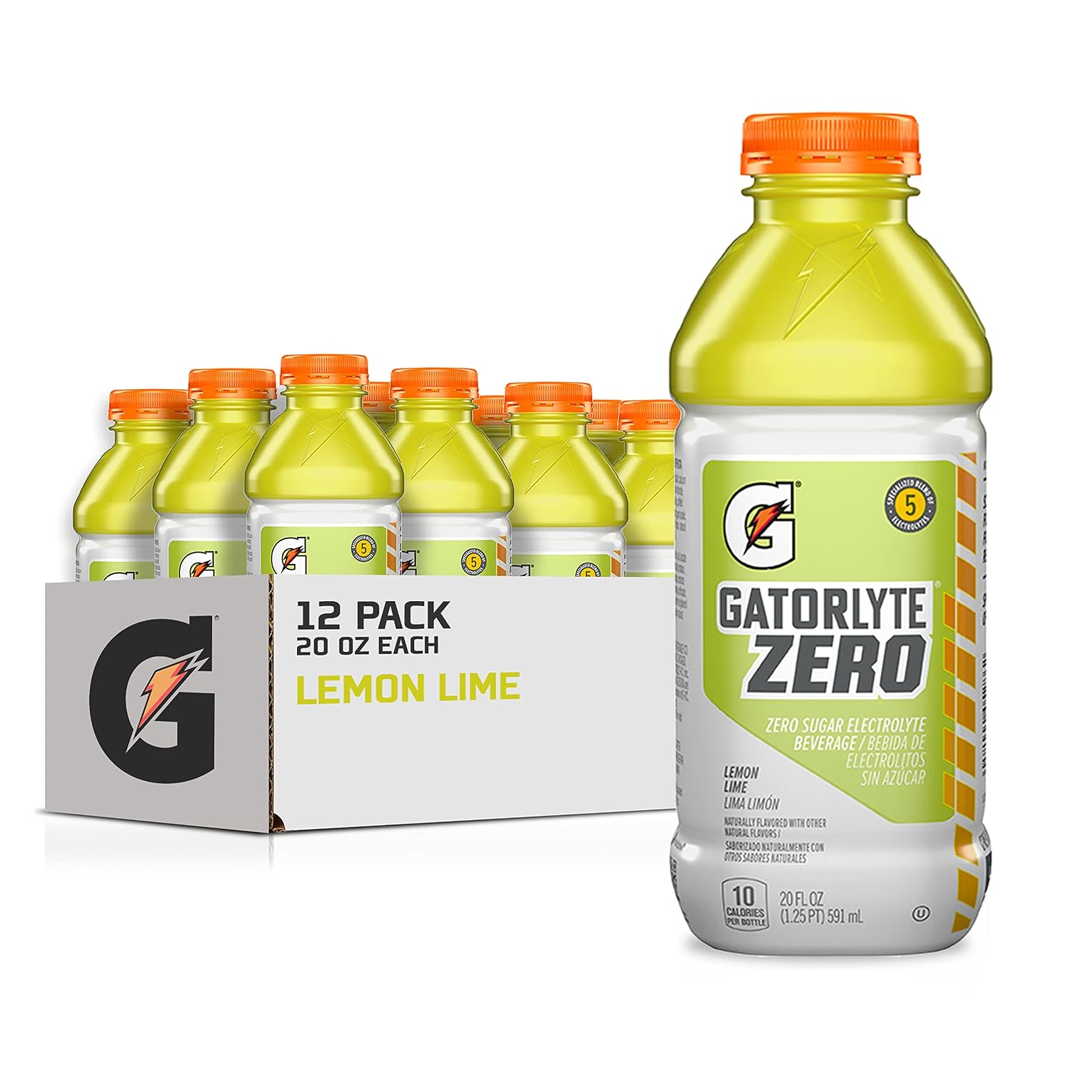 Gatorlyte Zero Sugar Rapid Rehydration Electrolyte Drink, Lemon Lime, 20 fl oz Bottles (12 Pack), Specialized Blend of 5 Electrolytes, Zero Sugar, 15 Calories, No Artificial Sweeteners, No Artificial Flavors, Gatorade, Hydration