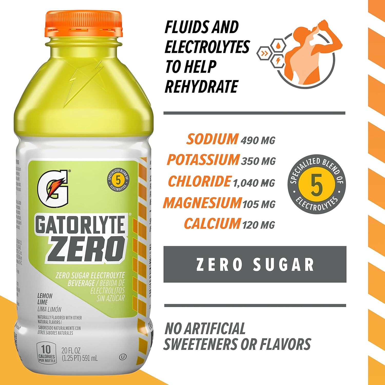 Gatorlyte Zero Sugar Rapid Rehydration Electrolyte Drink, Lemon Lime, 20 fl oz Bottles (12 Pack), Specialized Blend of 5 Electrolytes, Zero Sugar, 15 Calories, No Artificial Sweeteners, No Artificial Flavors, Gatorade, Hydration