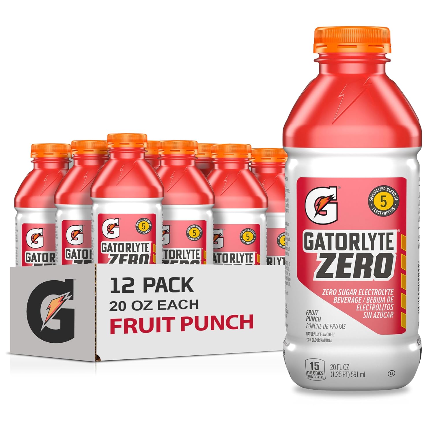 Gatorlyte Zero Sugar Rapid Rehydration Electrolyte Drink, Fruit Punch, 20 fl oz Bottles (12 Pack), Specialized Blend of 5 Electrolytes, Zero Sugar, 15 Calories, No Artificial Sweeteners, No Artificial Flavors, Gatorade, Hydration