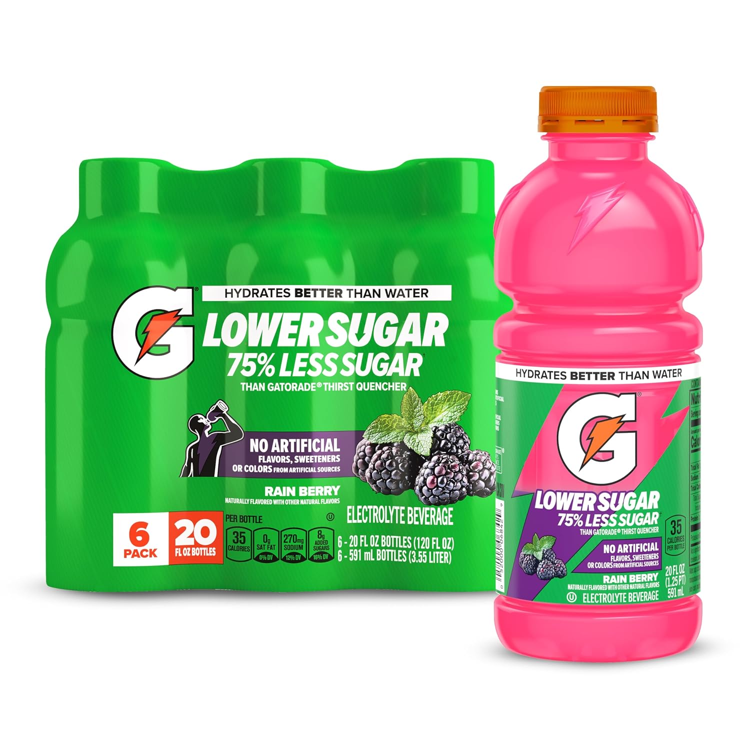 Gatorade Lower Sugar Sports Drink, Rain Berry, 20 fl oz Bottles, (6 Pack)