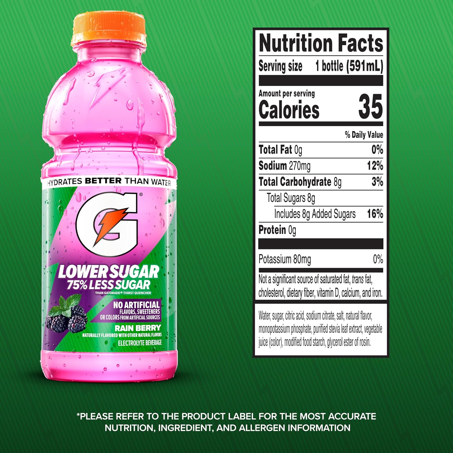 Gatorade Lower Sugar Sports Drink, Rain Berry, 20 fl oz Bottles, (6 Pack)
