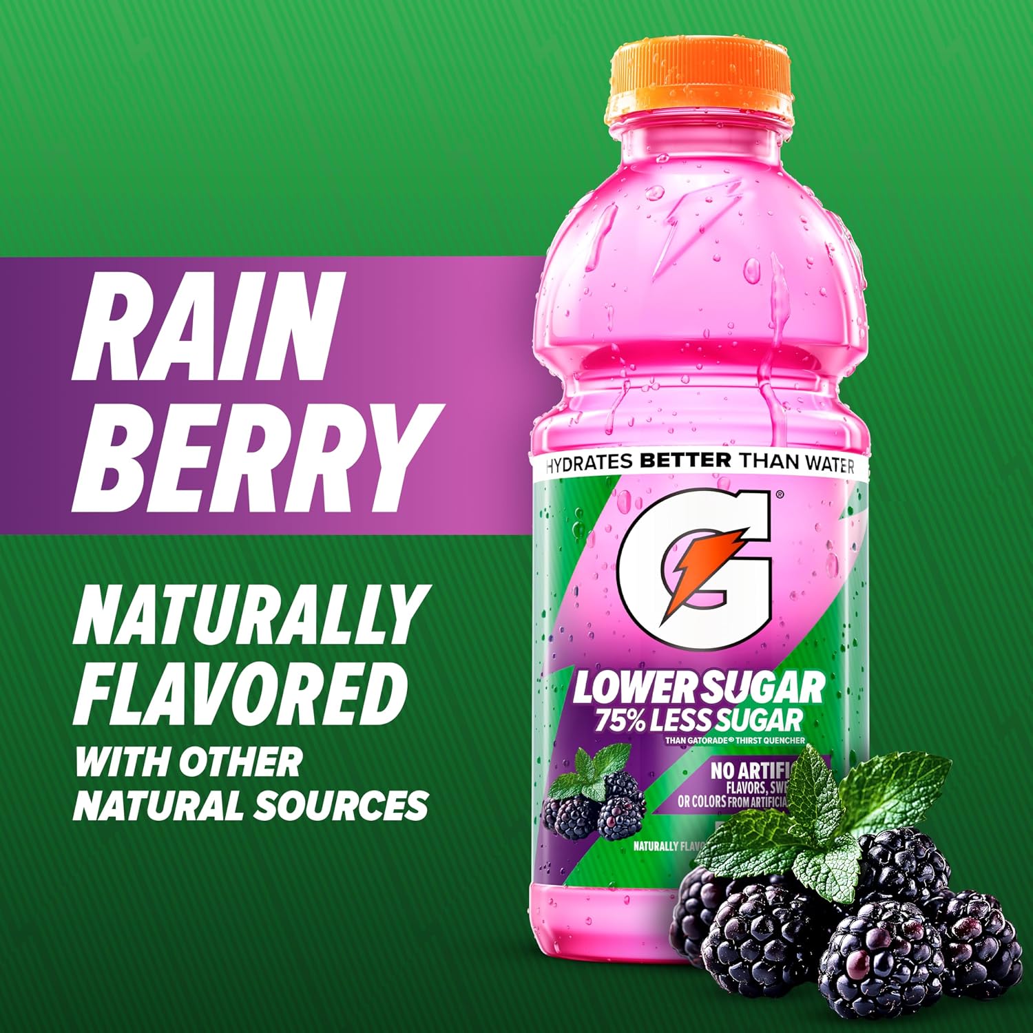 Gatorade Lower Sugar Sports Drink, Rain Berry, 20 fl oz Bottles, (6 Pack)