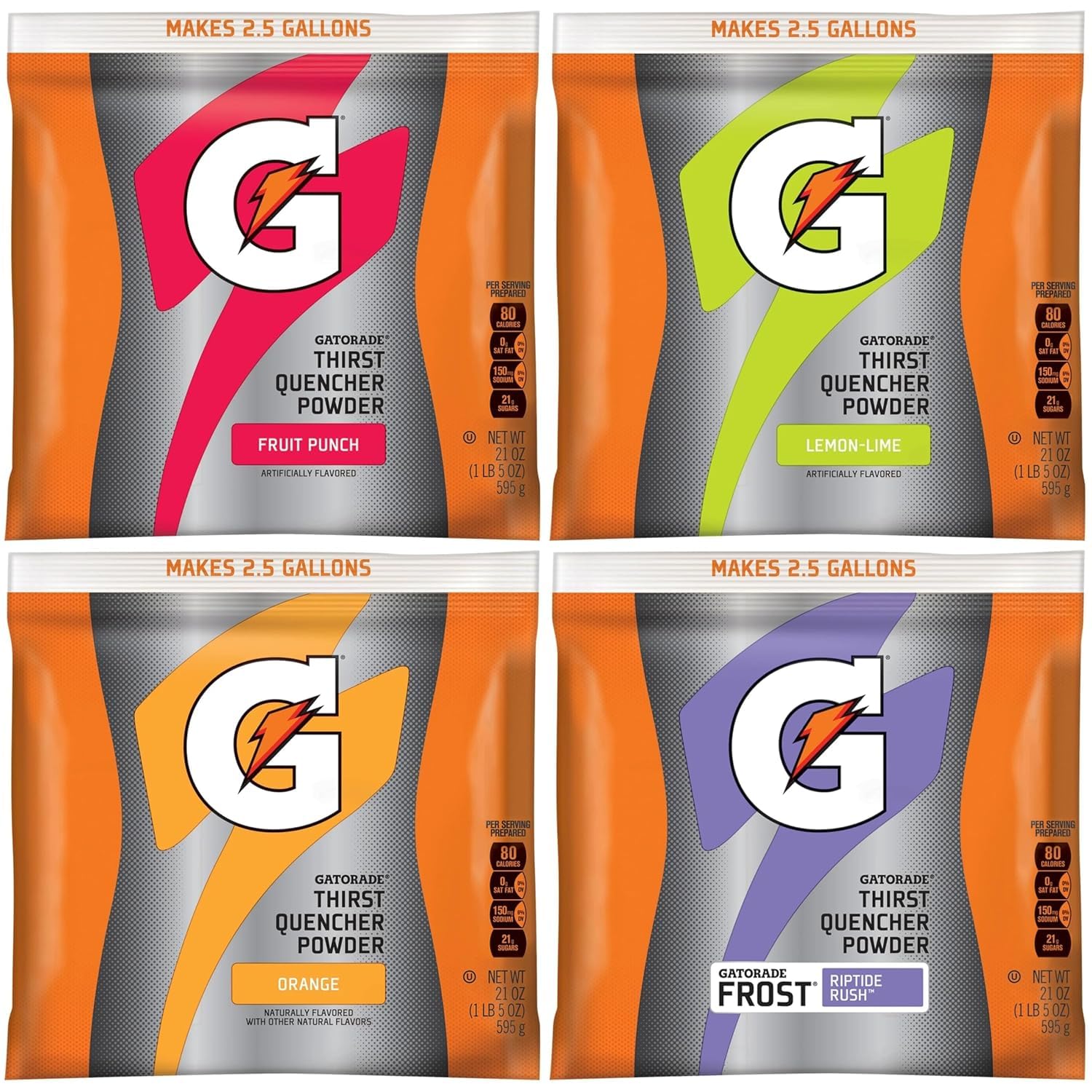 Gatorade - 3944 Powder Variety Pack (Lemon-Lime, Orange, Fruit Punch, Riptide Rush), 21-Ounce Pouches (Pack of 32)