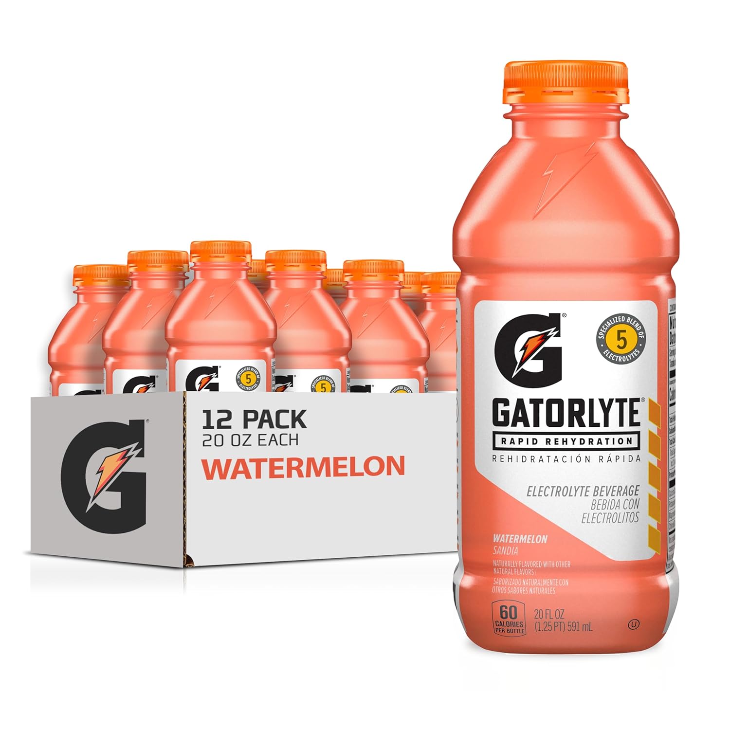 Gatorlyte Rapid Rehydration Electrolyte Drink, Watermelon, 20 fl oz Bottles (12 Pack), Specialized Blend of 5 Electrolytes, Lower Sugar, No Artificial Sweeteners, No Artificial Flavors, Gatorade, Hydration