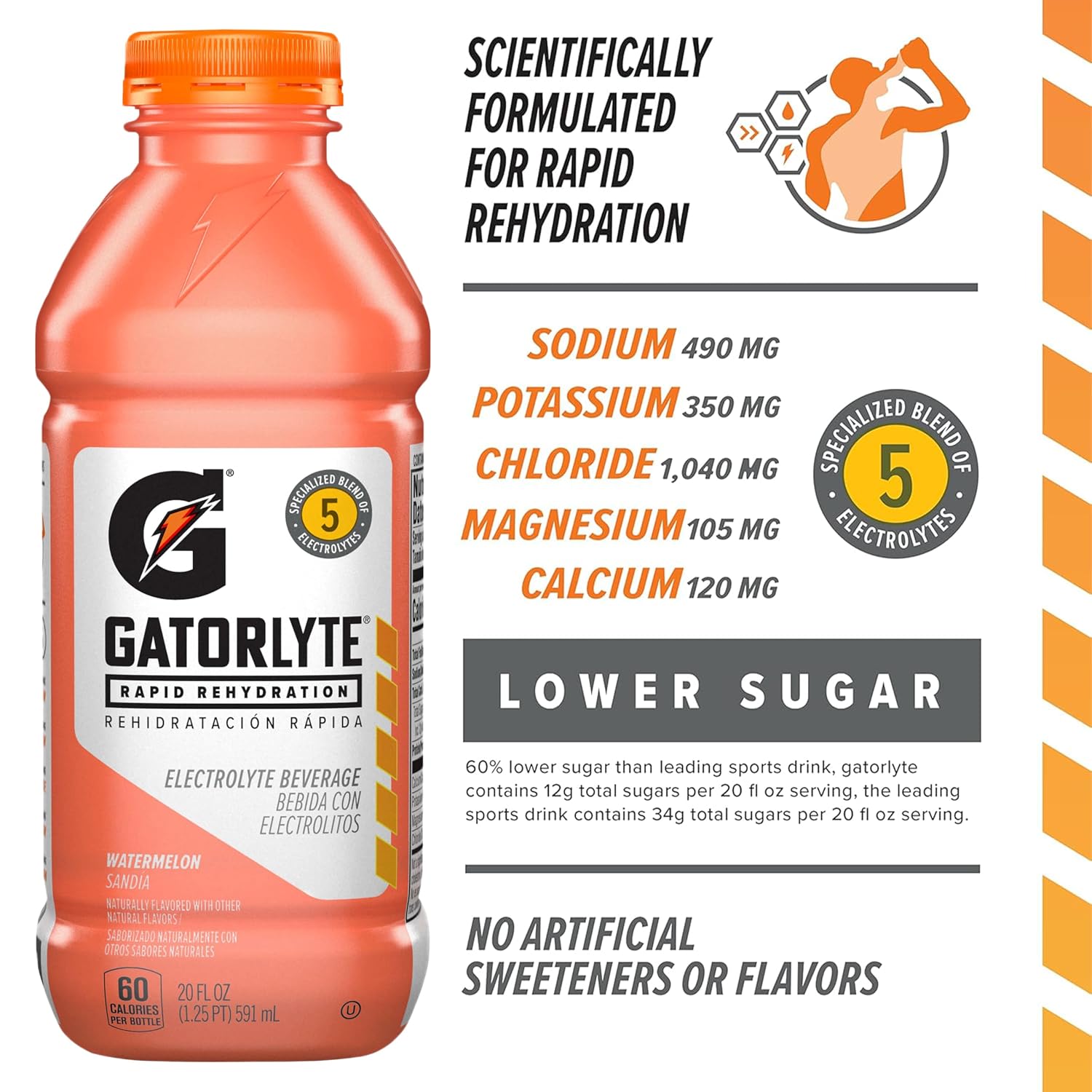 Gatorlyte Rapid Rehydration Electrolyte Drink, Watermelon, 20 fl oz Bottles (12 Pack), Specialized Blend of 5 Electrolytes, Lower Sugar, No Artificial Sweeteners, No Artificial Flavors, Gatorade, Hydration