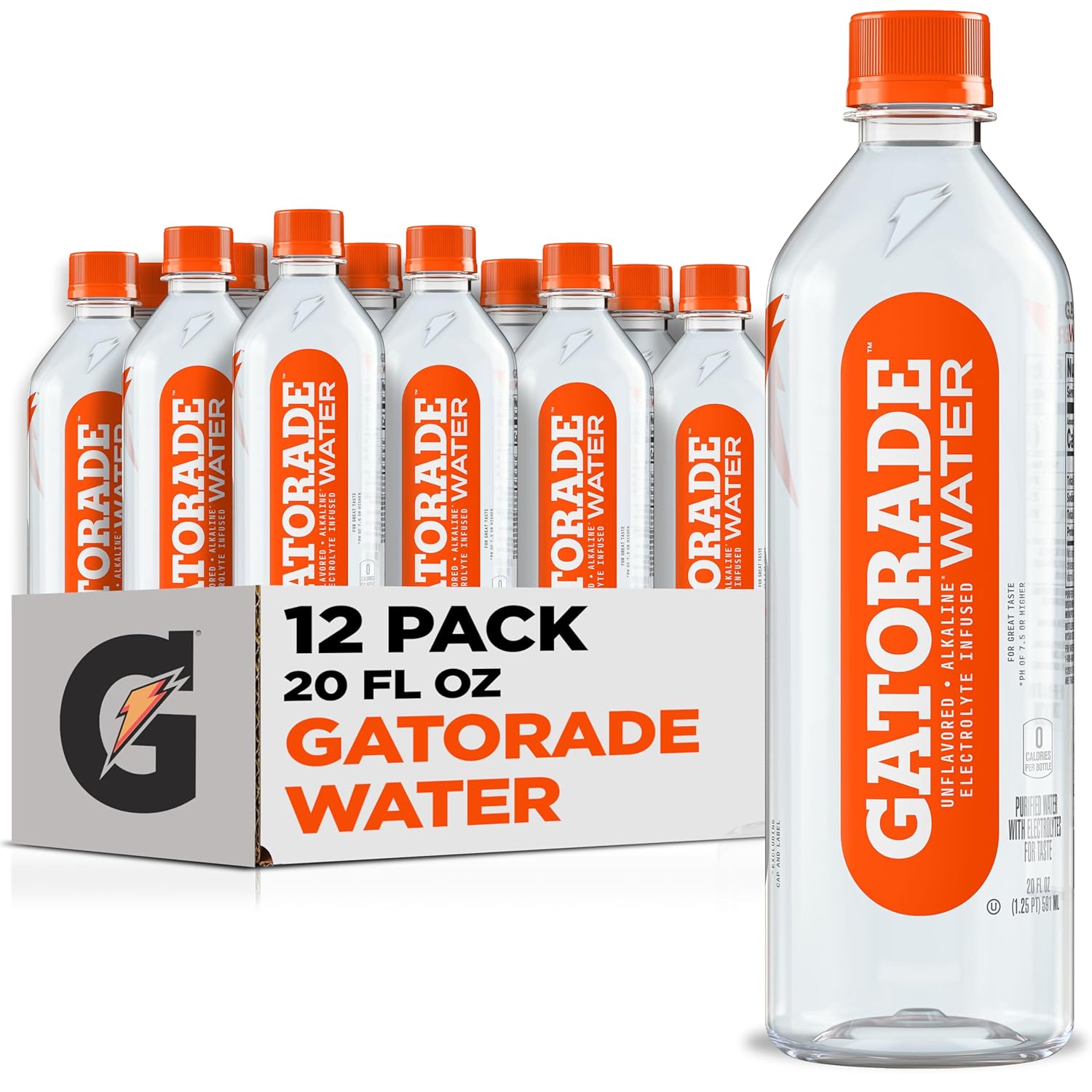 Gatorade Water, Unflavored, Electrolyte infused for great taste, Alkaline PH 7.5 or higher, 20 Fl Oz (Pack of 12)