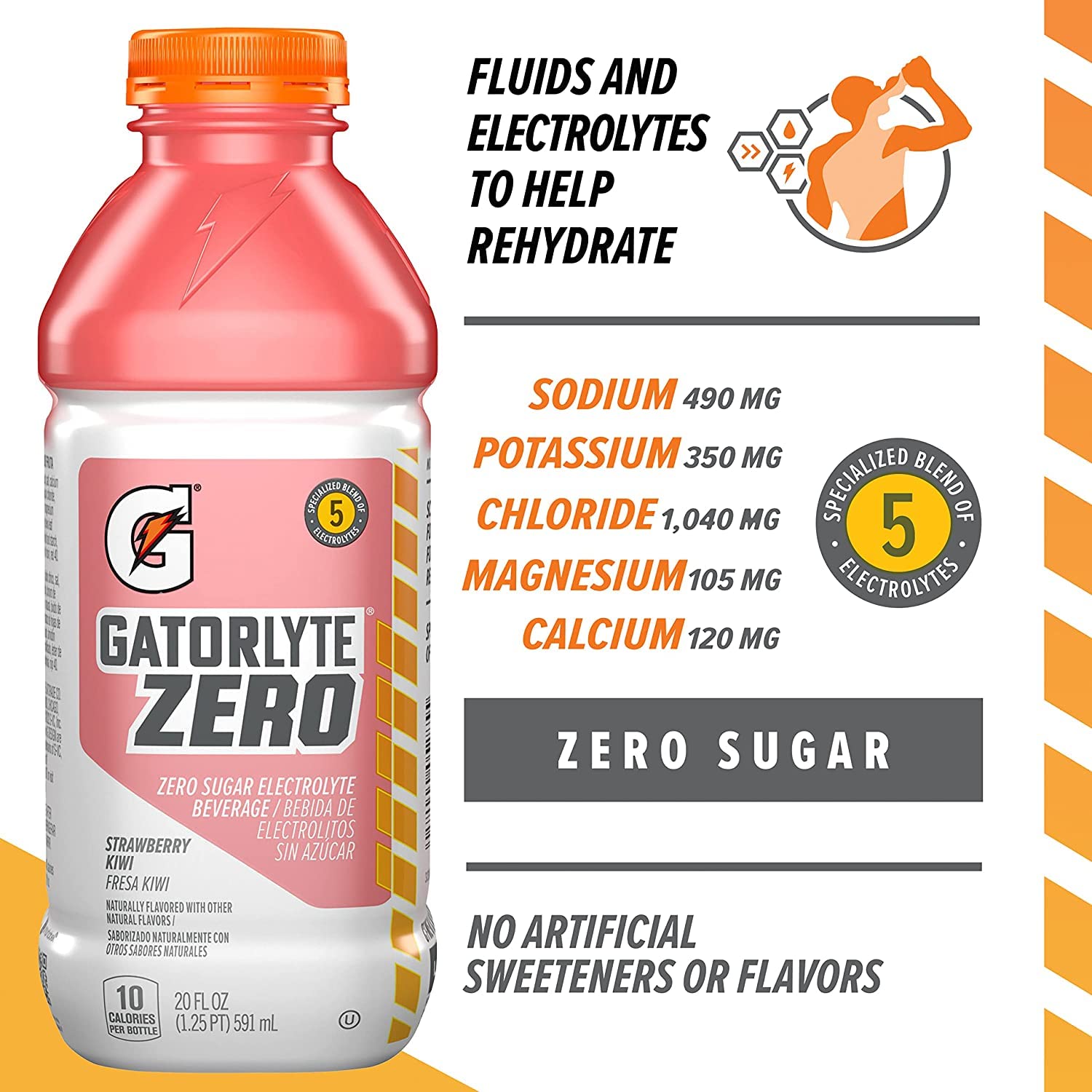 Gatorlyte Zero Strawberry Kiwi, 20 Fl Oz Bottle (Pack of 12)