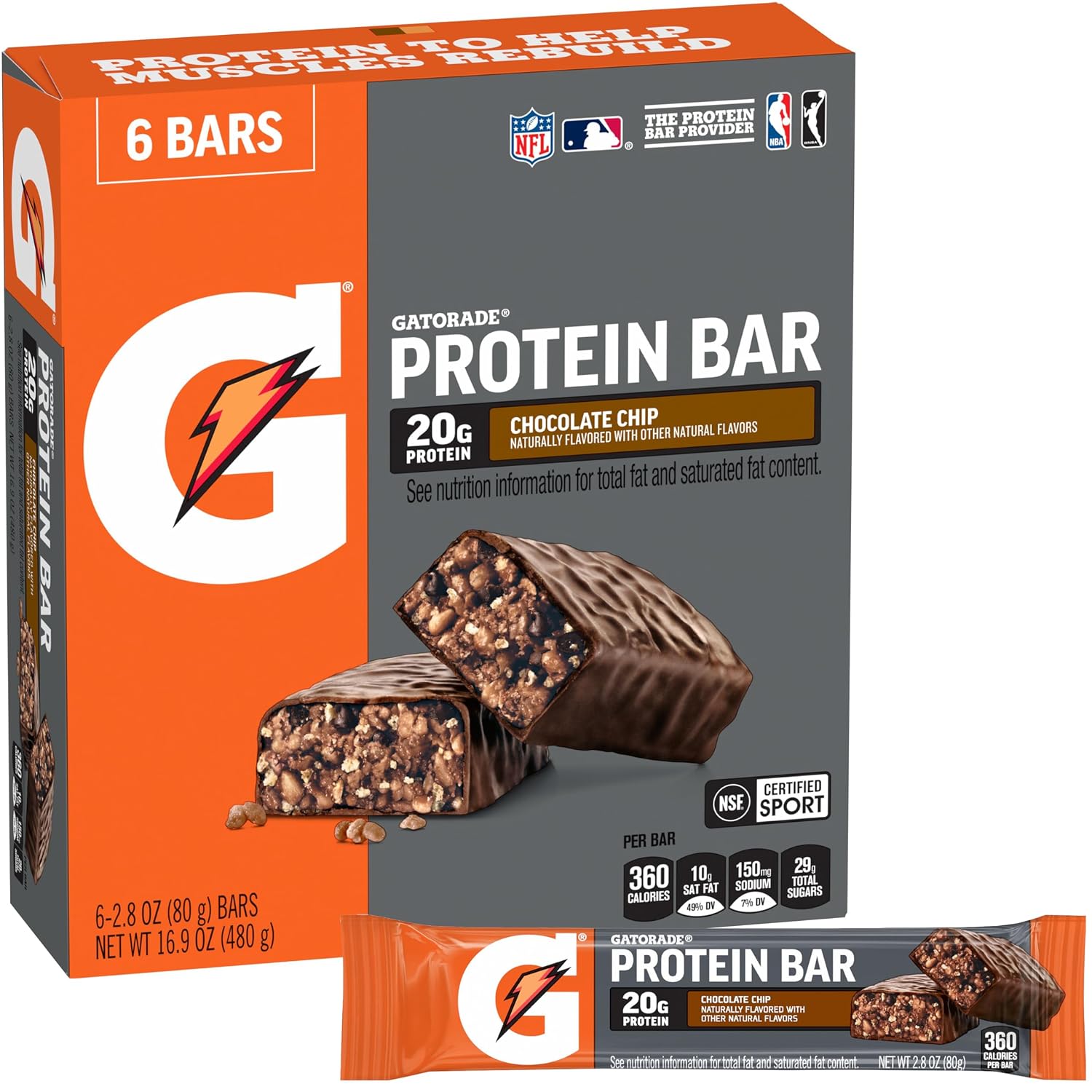 Gatorade Whey Protein Recover Bars Chocolate Chip, 2.8 Oz, 6 Ct