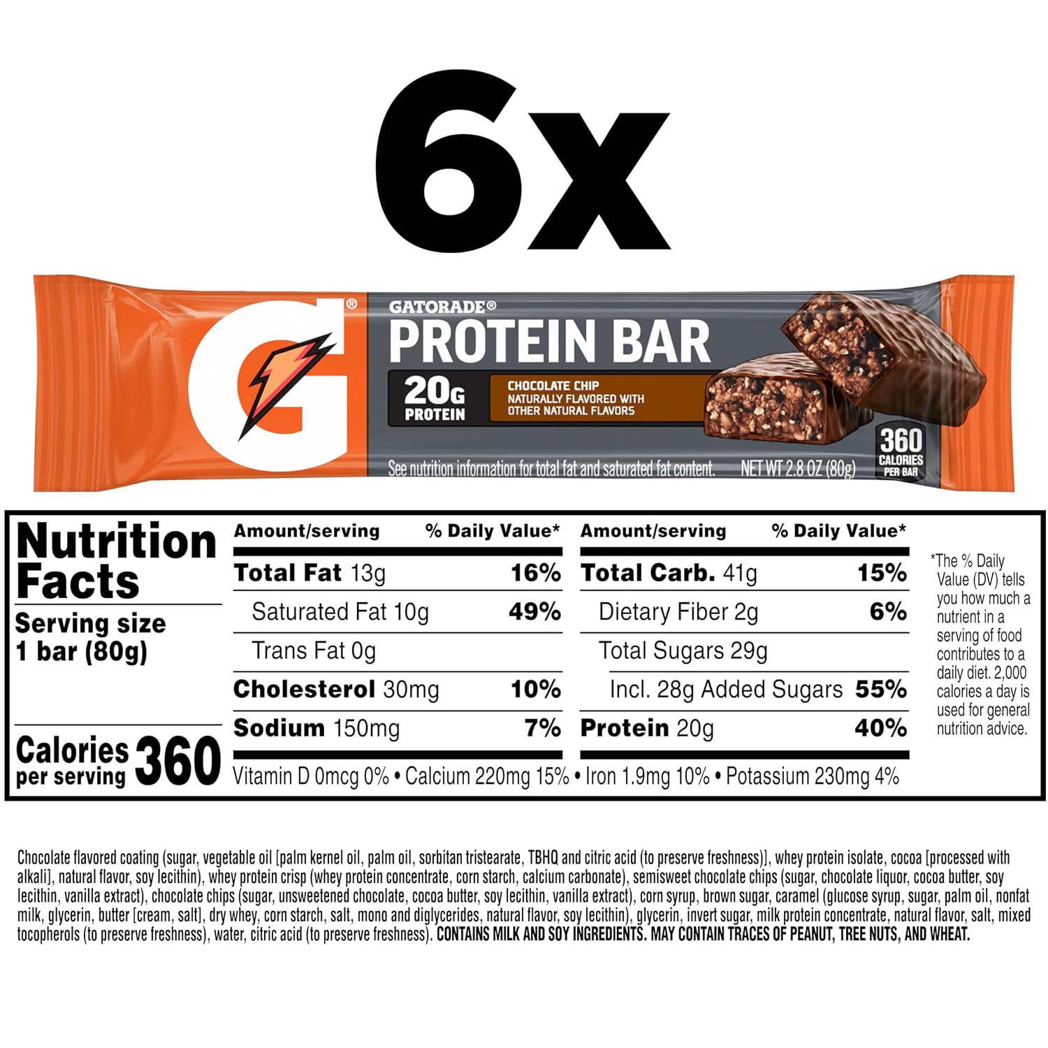Gatorade Whey Protein Recover Bars Chocolate Chip, 2.8 Oz, 6 Ct