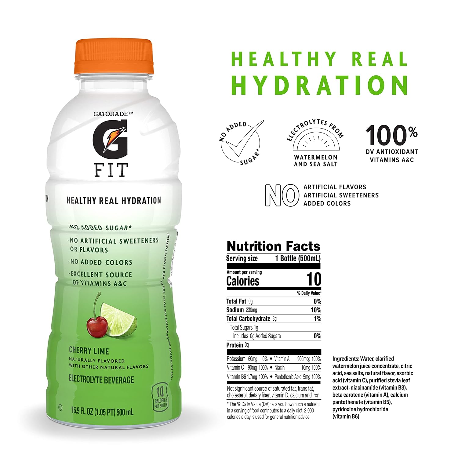 Gatorade Fit Cherry Lime Electrolyte Beverage, 16.9 Fl Oz Bottles, 12 Pack