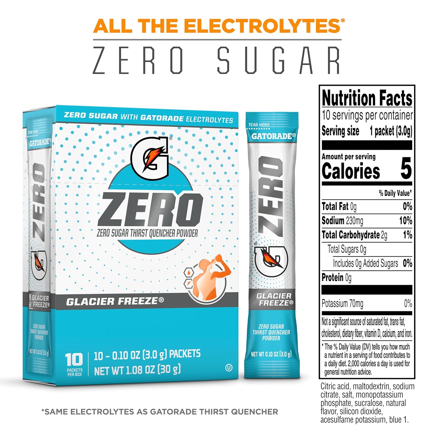 Gatorade G Zero Sports Drink Mix Powder Packets, Glacier Freeze, Electrolyte Powder Drink Mix for Hydration, Zero Sugar, Total 120 Packets