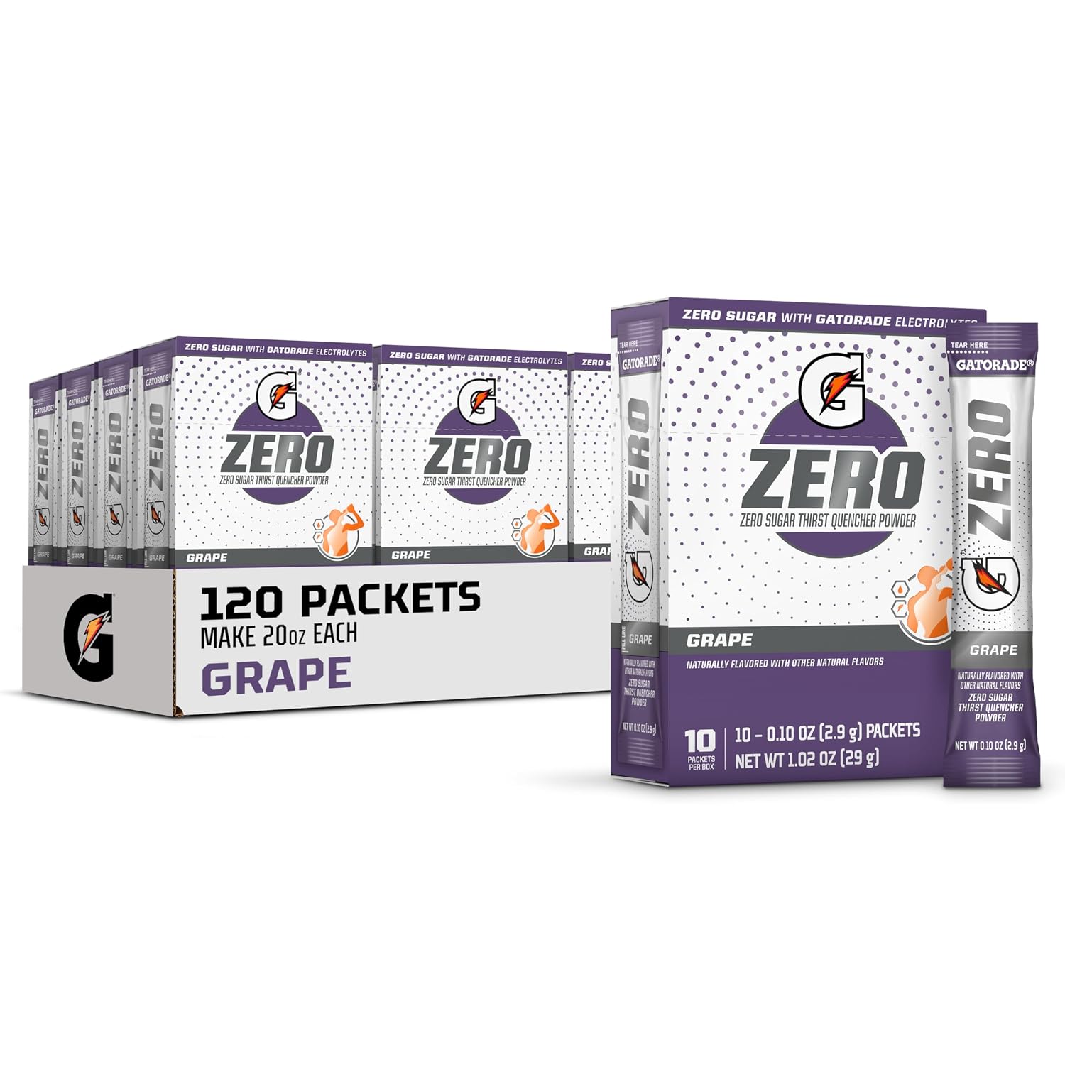 Gatorade G Zero Sports Drink Mix Powder Packets, Grape, Electrolyte Powder Drink Mix for Hydration, Zero Sugar, Total 120 Packets