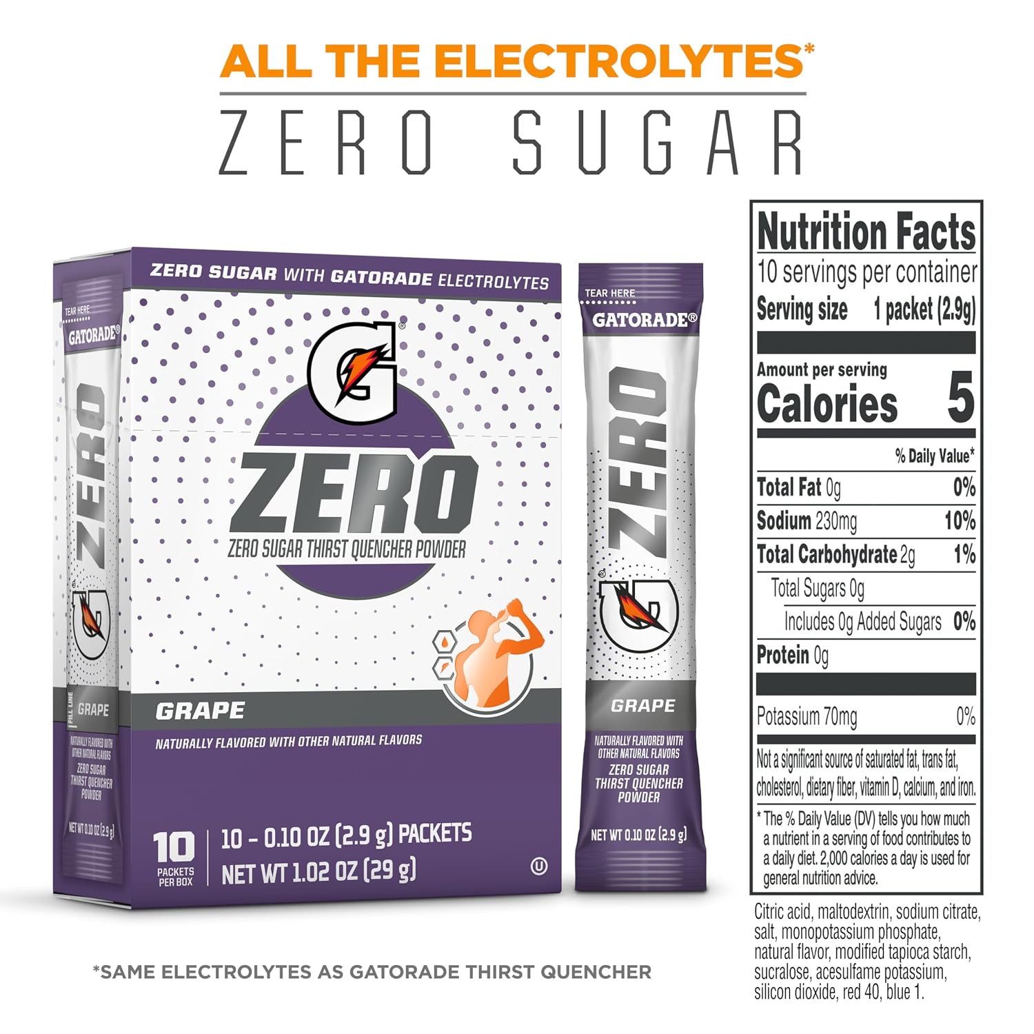 Gatorade G Zero Sports Drink Mix Powder Packets, Grape, Electrolyte Powder Drink Mix for Hydration, Zero Sugar, Total 120 Packets