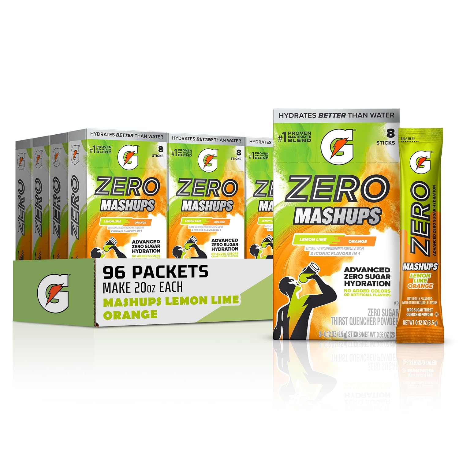 Gatorade Zero Sugar Electrolyte Powder Drink Mix, Mashups Lemon Lime-Orange, (96 Servings), No Artificial Flavors, No Added Colors, Zero Sugar, Sports Drinks, Hydration, Electrolyte Drink