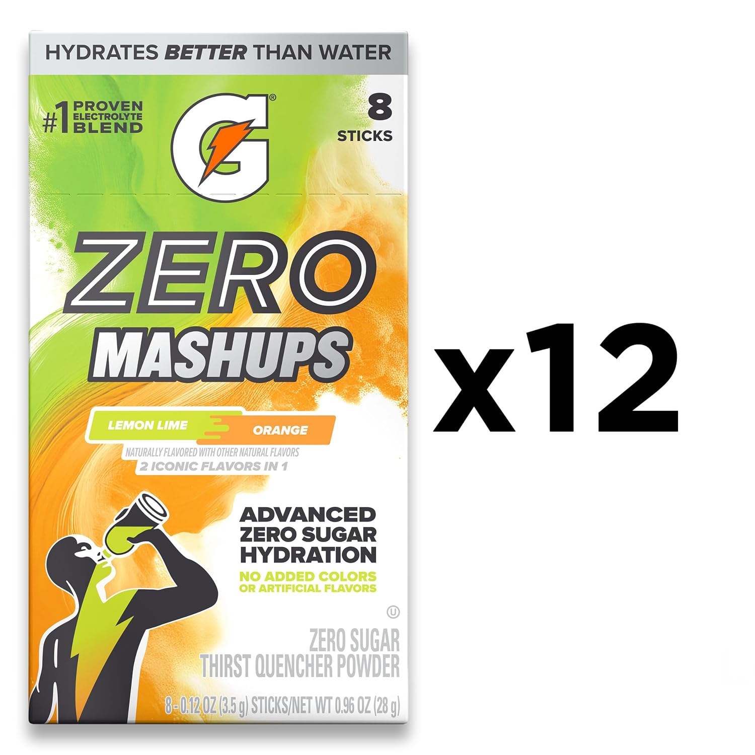 Gatorade Zero Sugar Electrolyte Powder Drink Mix, Mashups Lemon Lime-Orange, (96 Servings), No Artificial Flavors, No Added Colors, Zero Sugar, Sports Drinks, Hydration, Electrolyte Drink