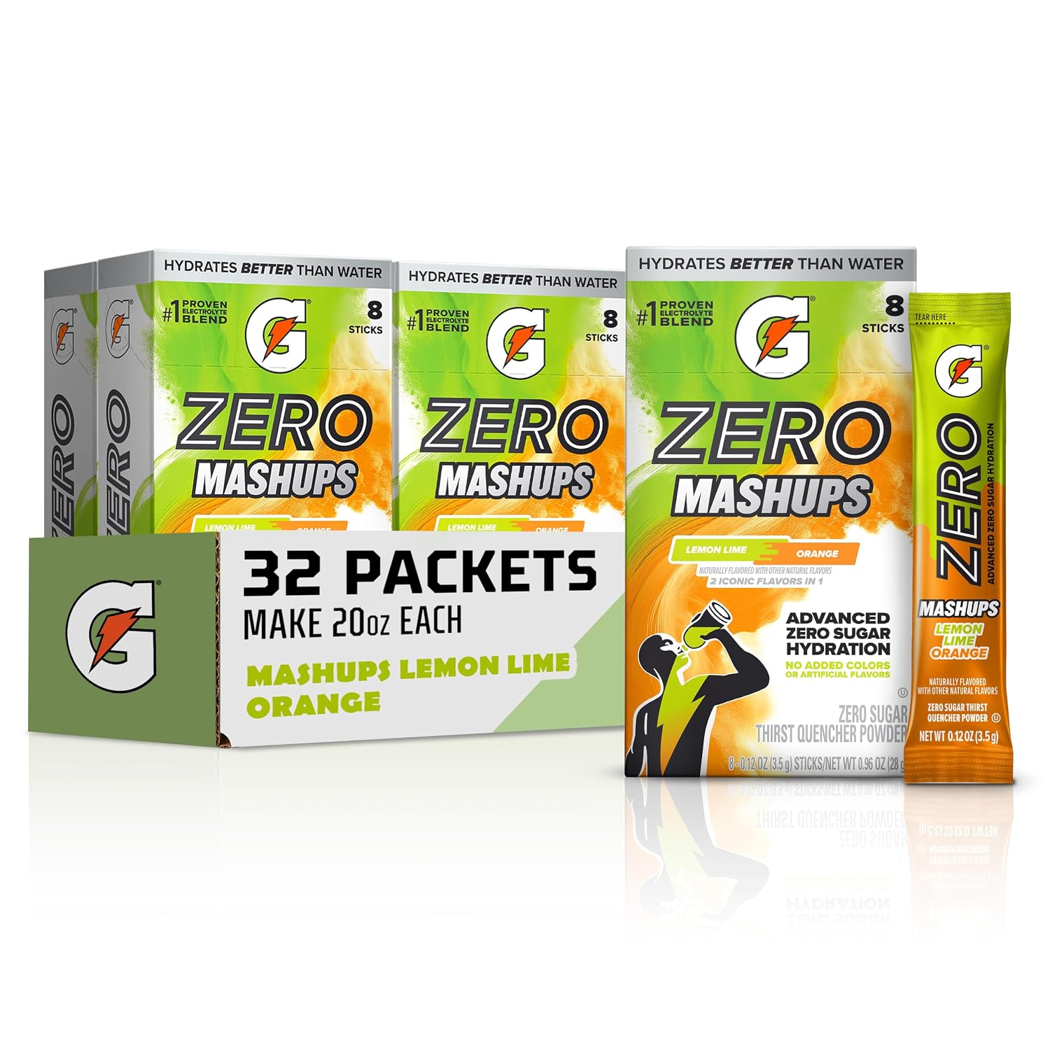 Gatorade Zero Sugar Electrolyte Powder Drink Mix, Mashups Lemon Lime-Orange, (32 Servings), No Artificial Flavors, No Added Colors, Zero Sugar, Sports Drinks, Hydration, Electrolyte Drink