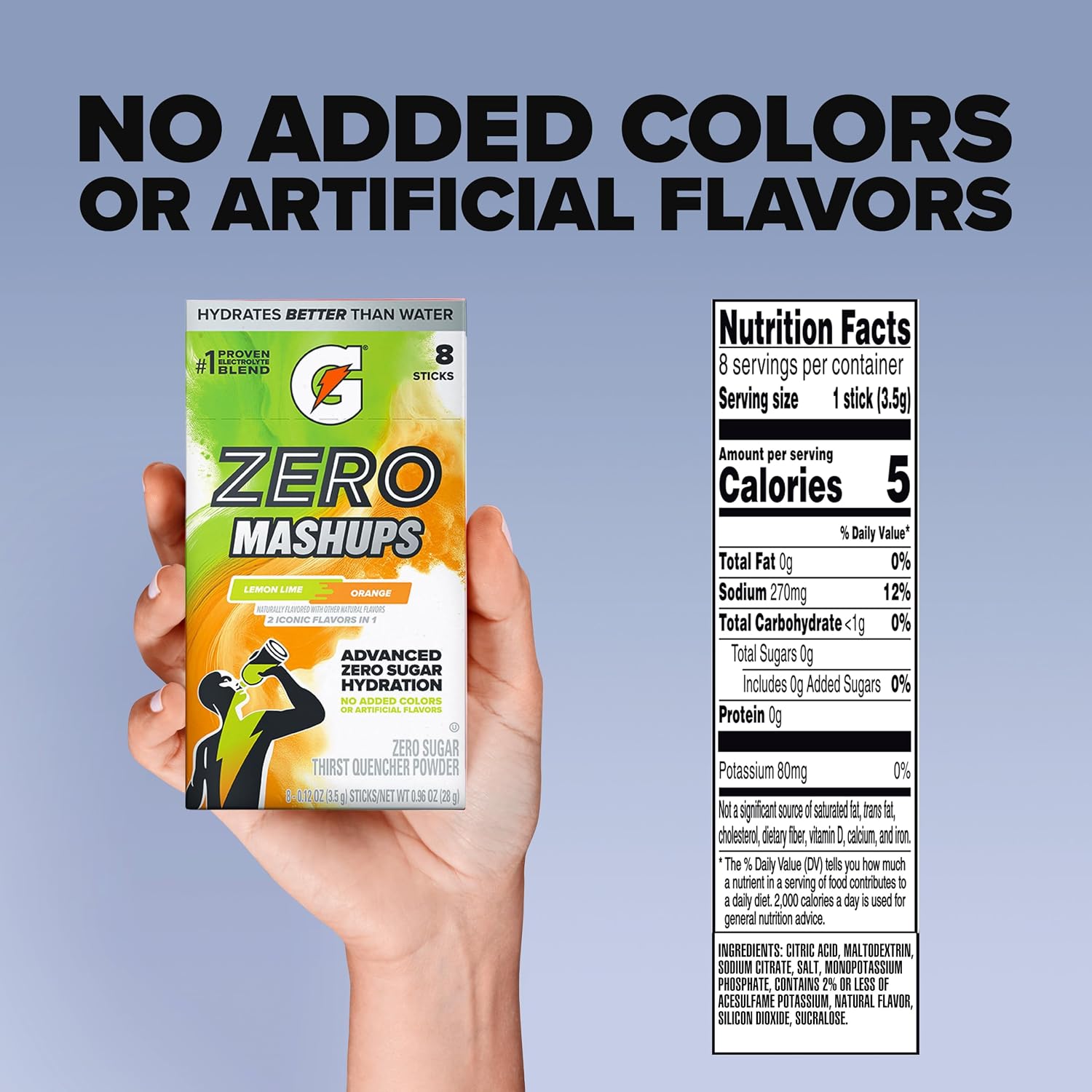 Gatorade Zero Sugar Electrolyte Powder Drink Mix, Mashups Lemon Lime-Orange, (32 Servings), No Artificial Flavors, No Added Colors, Zero Sugar, Sports Drinks, Hydration, Electrolyte Drink
