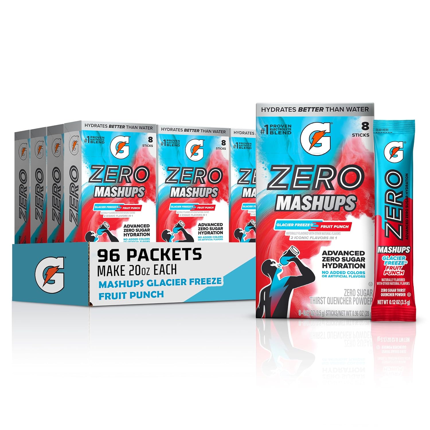 Gatorade Zero Sugar Electrolyte Powder Drink Mix, Mashups Glacier Freeze-Fruit Punch, (96 Servings), No Artificial Flavors, No Added Colors, Zero Sugar, Sports Drinks, Hydration, Electrolyte Drink