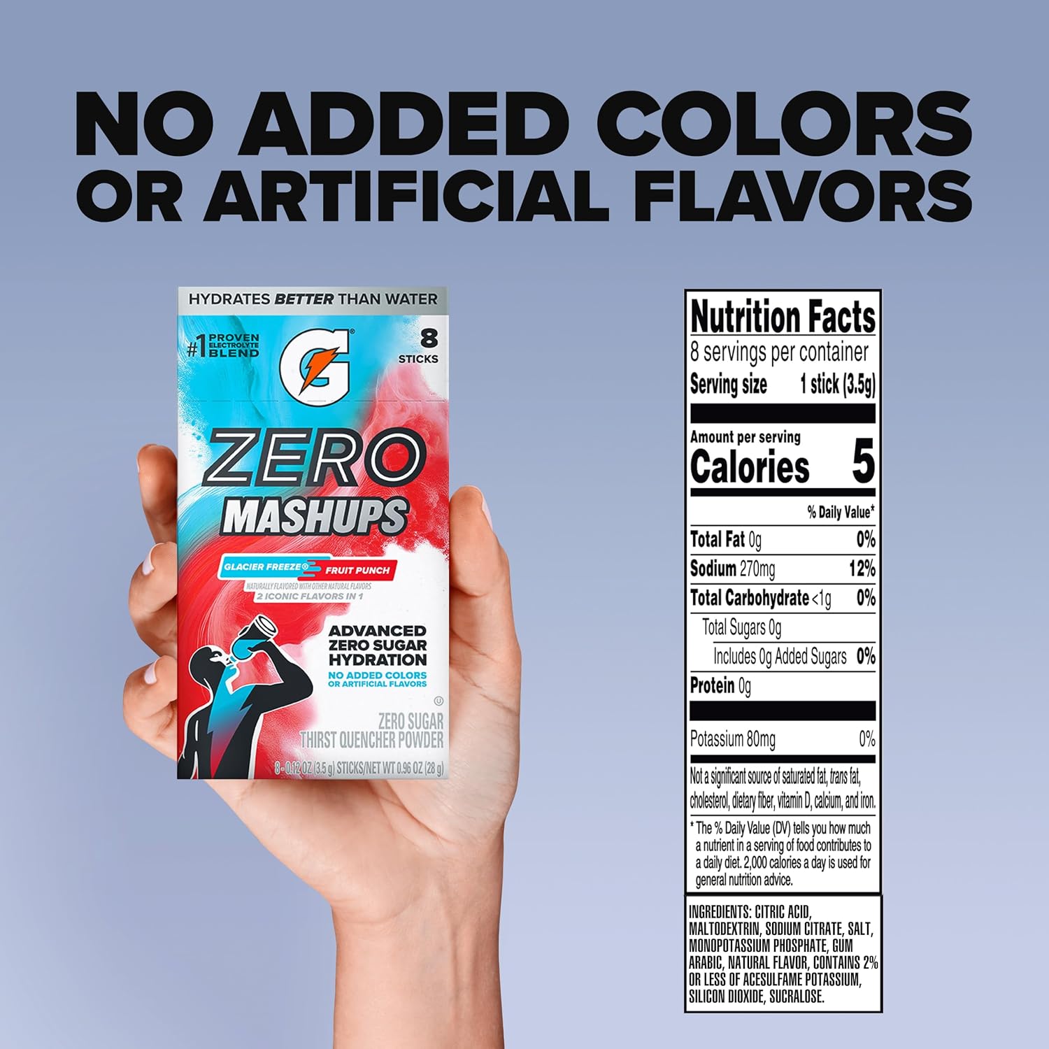 Gatorade Zero Sugar Electrolyte Powder Drink Mix, Mashups Glacier Freeze-Fruit Punch, (96 Servings), No Artificial Flavors, No Added Colors, Zero Sugar, Sports Drinks, Hydration, Electrolyte Drink
