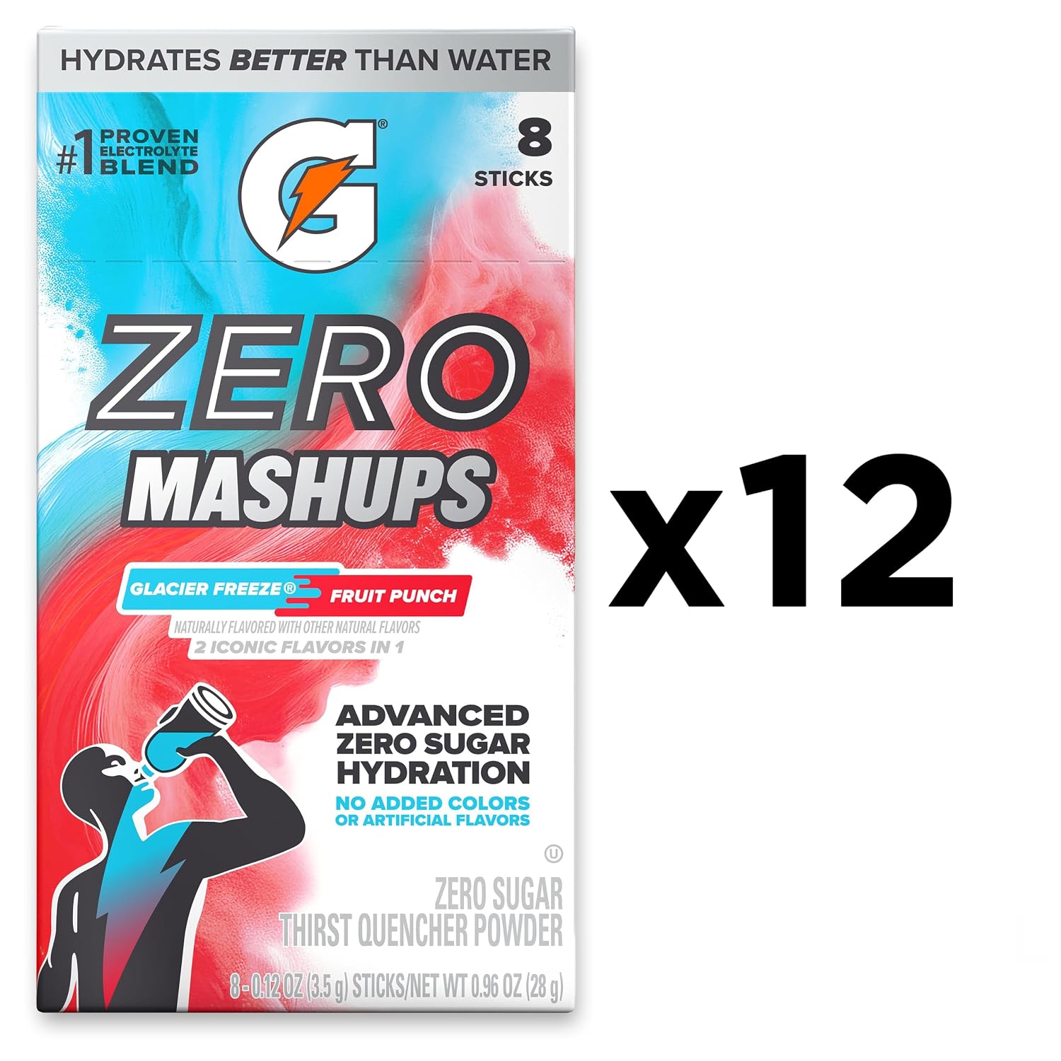 Gatorade Zero Sugar Electrolyte Powder Drink Mix, Mashups Glacier Freeze-Fruit Punch, (96 Servings), No Artificial Flavors, No Added Colors, Zero Sugar, Sports Drinks, Hydration, Electrolyte Drink