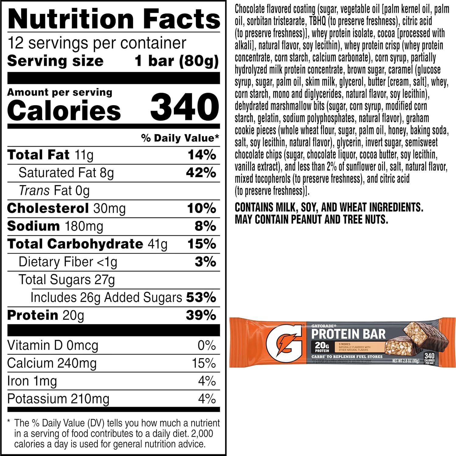Gatorade Protein Bars, S'mores, 20g Whey Protein, NSF Certified, 2.8 oz Bars, (12 Pack)