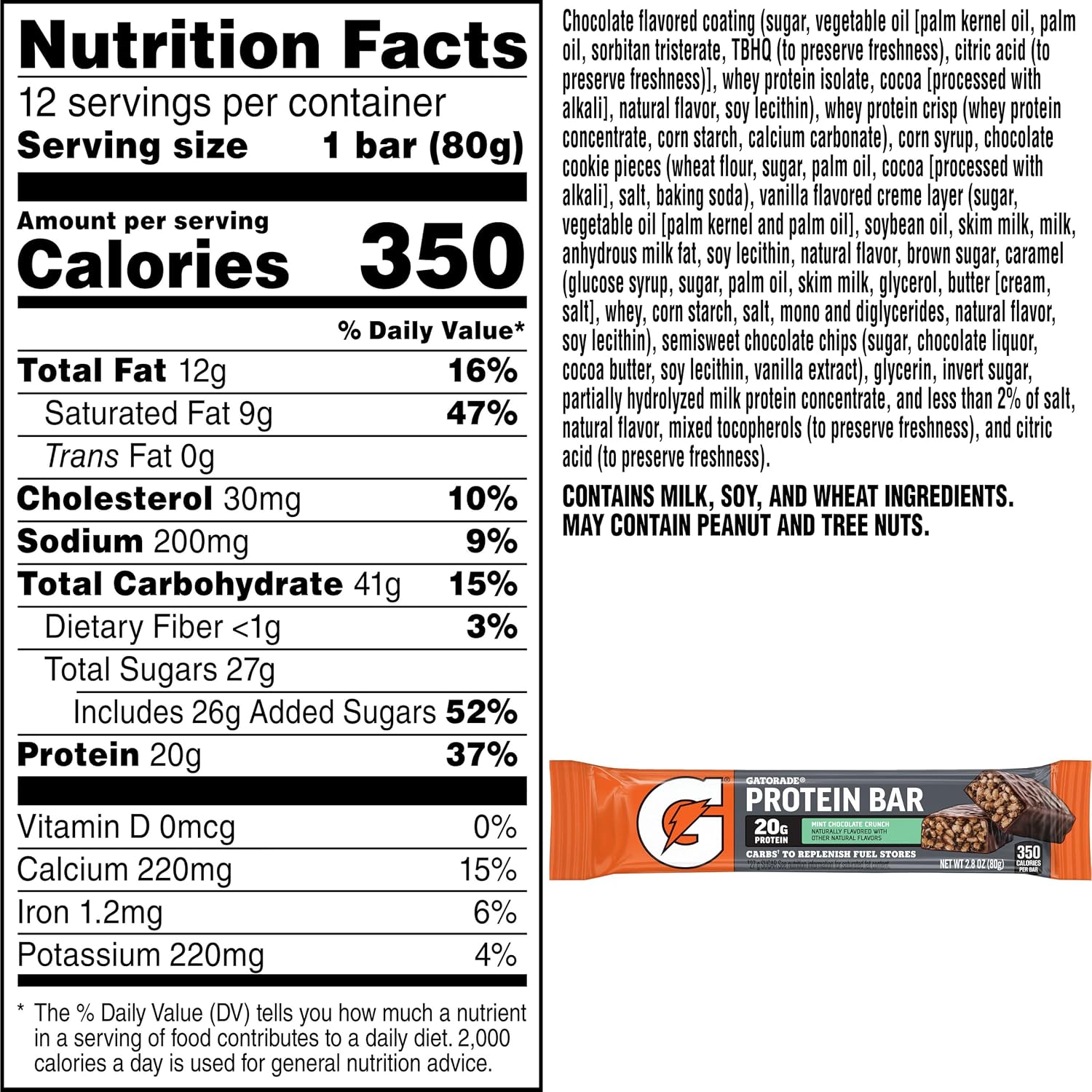 Gatorade Whey Protein Bars, Mint Chocolate Crunch, 2.8 oz bars (20g of protein per bar) (Pack of 12)