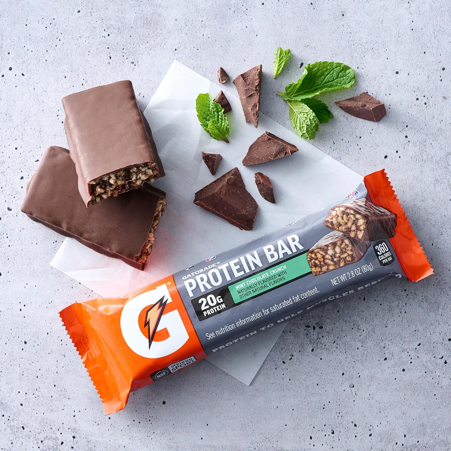 Gatorade Whey Protein Bars, Mint Chocolate Crunch, 2.8 oz bars (20g of protein per bar) (Pack of 12)