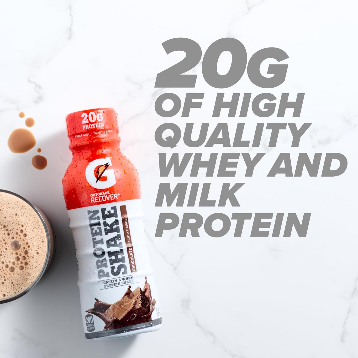 Gatorade Recover Protein Shake, Chocolate, 20g Protein, 11.6 fl oz Plastic Bottle, Pack of 12