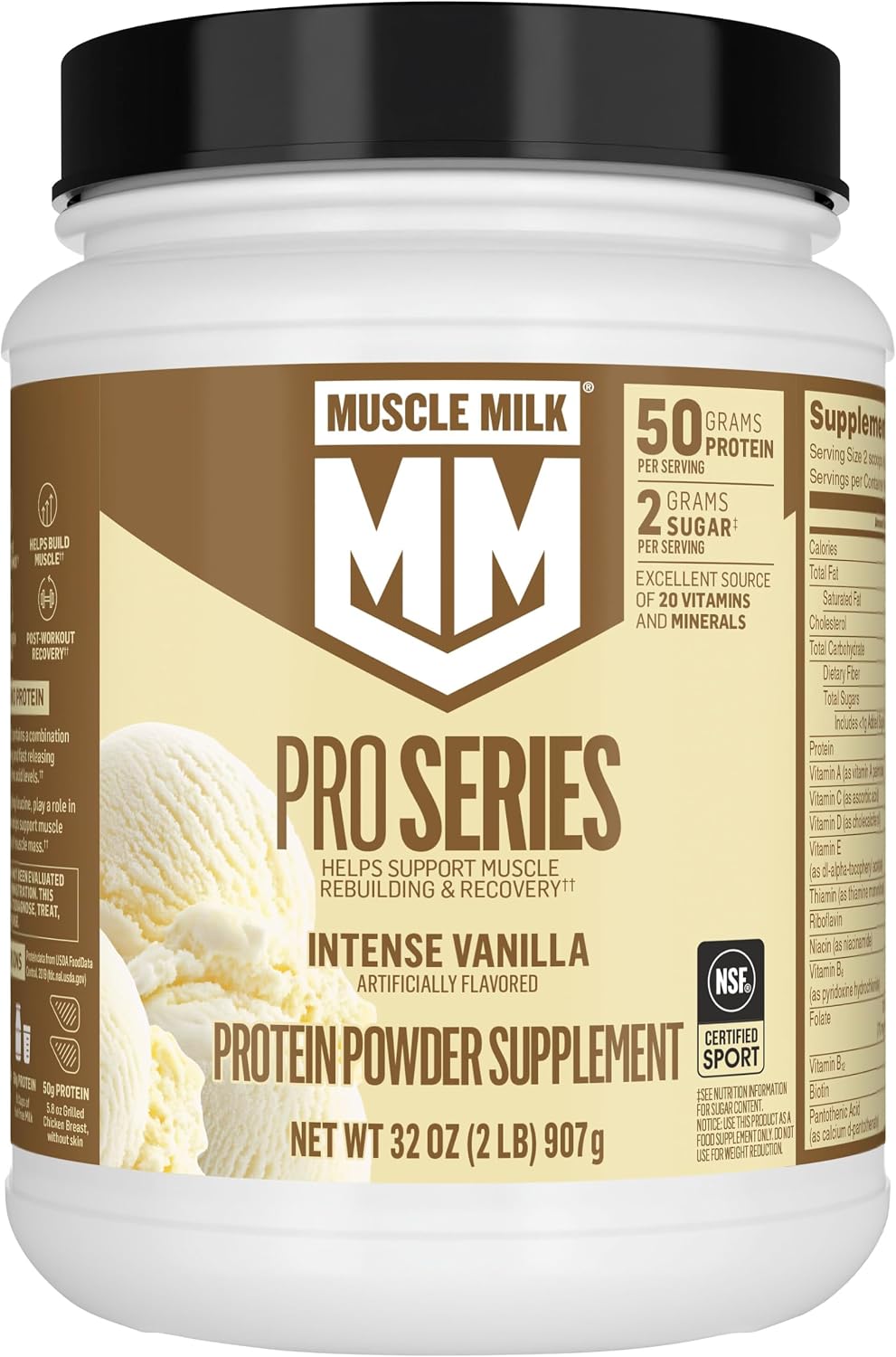 Muscle Milk Pro Series Protein Powder Supplement, Intense Vanilla, 2 Pound, 11 Servings, 50g Protein, 3g Sugar, 20 Vitamins & Minerals, NSF Certified for Sport, Workout Recovery, Packaging May Vary