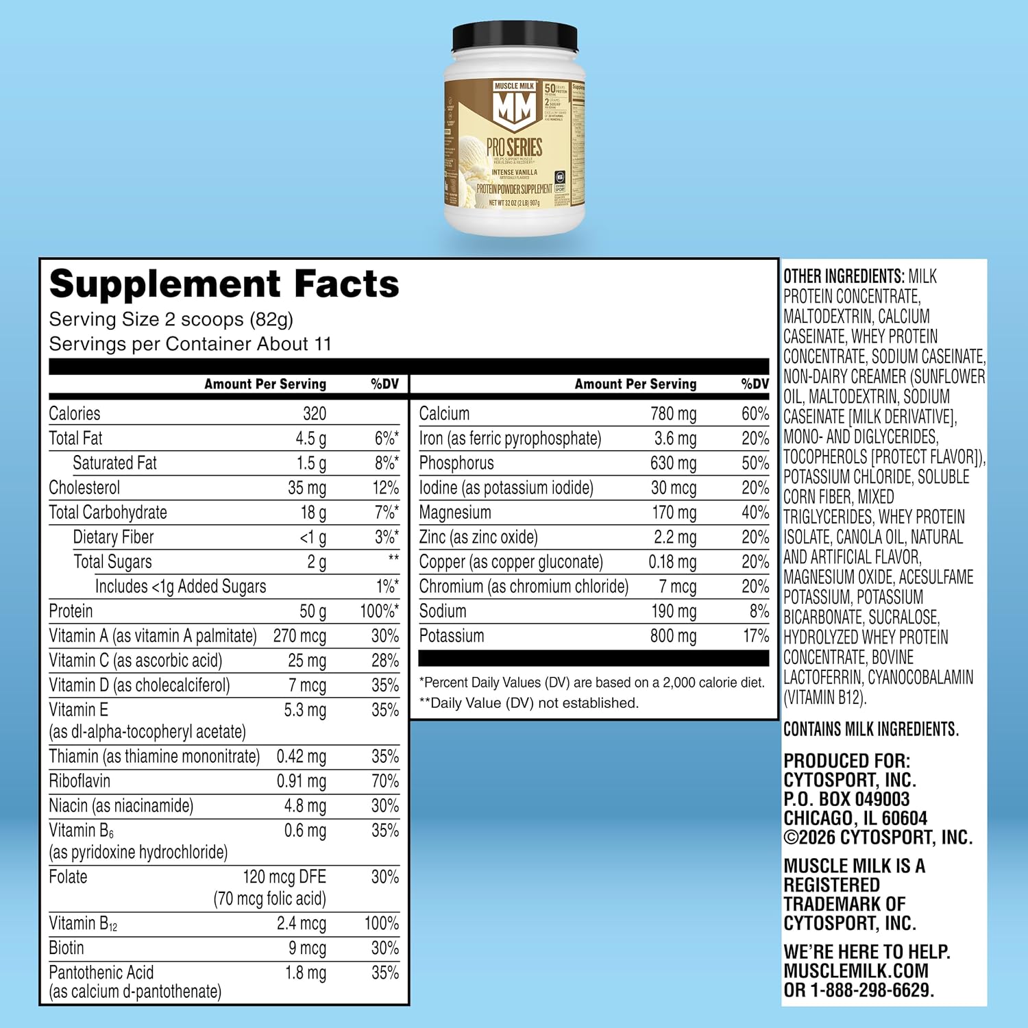 Muscle Milk Pro Series Protein Powder Supplement, Intense Vanilla, 2 Pound, 11 Servings, 50g Protein, 3g Sugar, 20 Vitamins & Minerals, NSF Certified for Sport, Workout Recovery, Packaging May Vary
