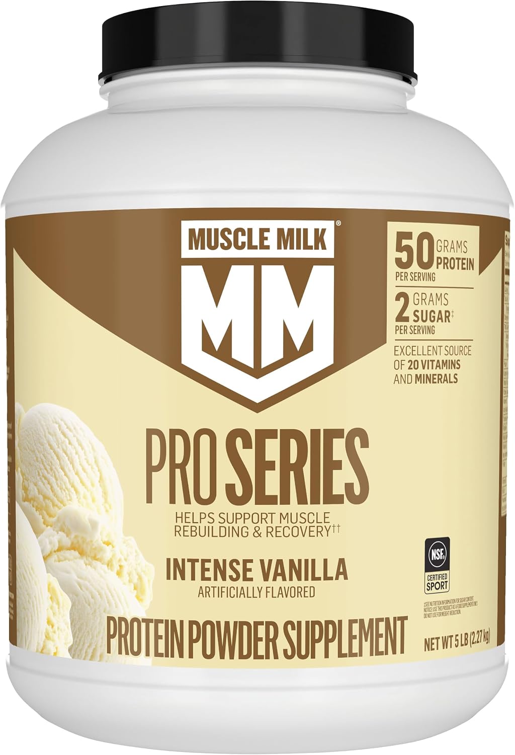 Muscle Milk Pro Series Protein Powder Supplement, Intense Vanilla, 5 Pound, 28 Servings, 50g Protein, 3g Sugar, 20 Vitamins & Minerals, NSF Certified for Sport, Workout Recovery, Packaging May Vary