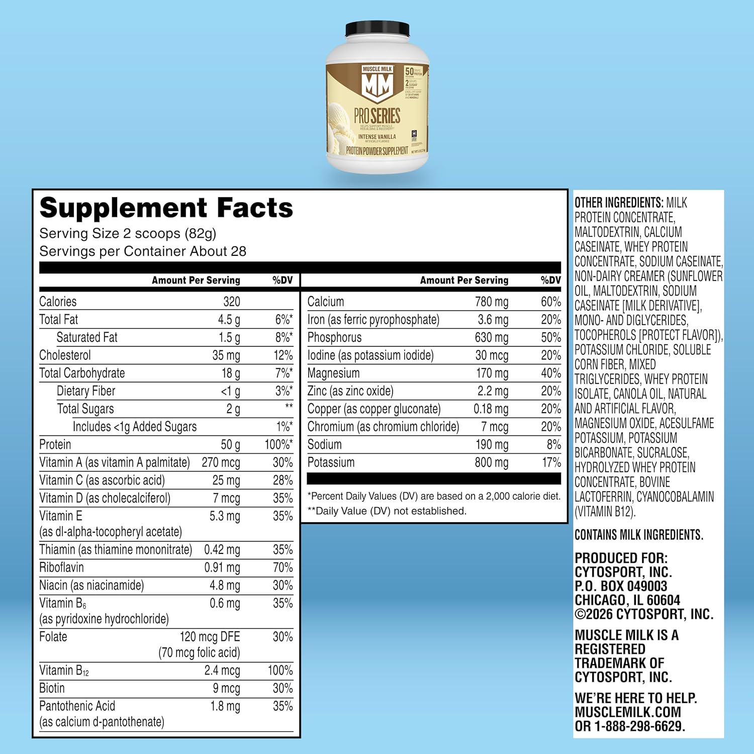 Muscle Milk Pro Series Protein Powder Supplement, Intense Vanilla, 5 Pound, 28 Servings, 50g Protein, 3g Sugar, 20 Vitamins & Minerals, NSF Certified for Sport, Workout Recovery, Packaging May Vary