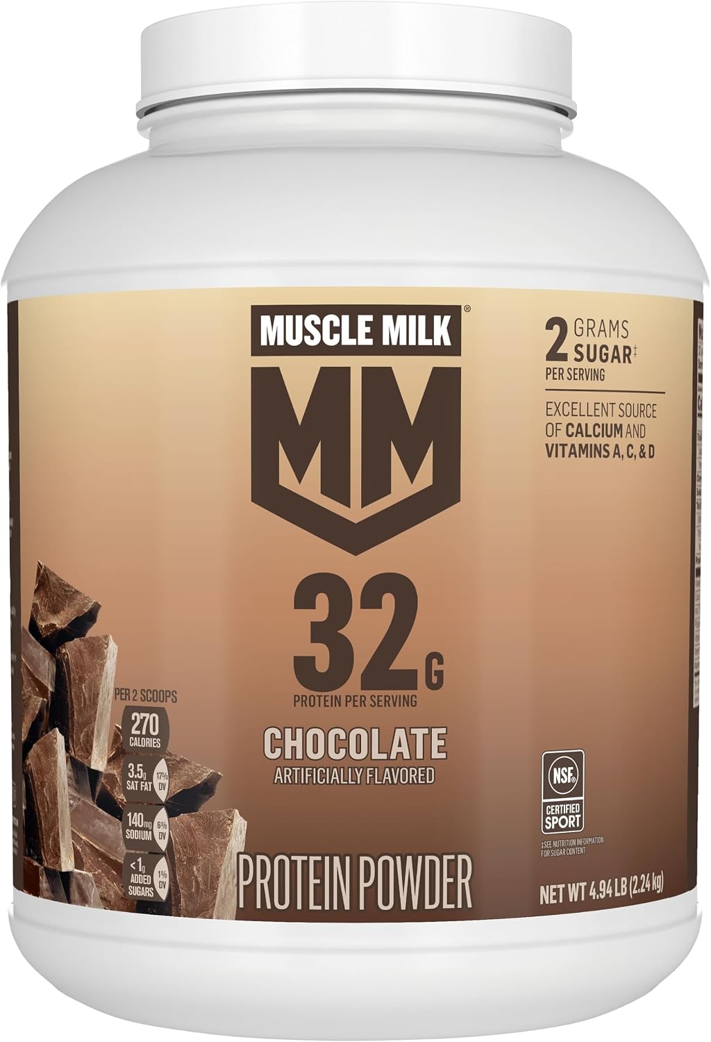 Muscle Milk Genuine Protein Powder, Chocolate, 4.94 Pound, 32 Servings, 32g Protein, 2g Sugar, Calcium, Vitamins A, C & D, NSF Certified for Sport, Energizing Snack, Packaging May Vary